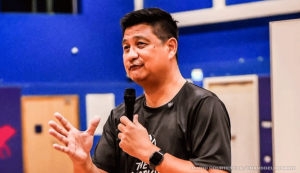 Gilas Pilipinas assistant coach Richard del Rosario reacting during a basketball game at the 2026 Asian Games